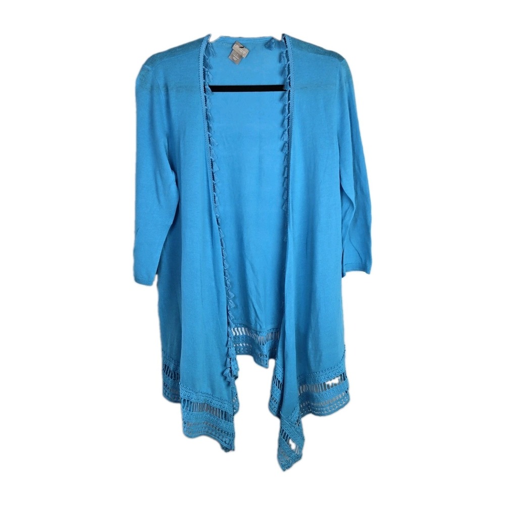 Chico's Fringe Crochet Blue Linen Blend Open Waterfall Cardigan Womens Medium